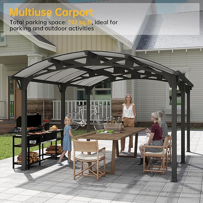 Heavy Duty Carport, 12x16ft Carport with Arch-Roof Polycarbonate Panel, Garage Car Shelter Outdoor Storage Shed for Cars, Boats and Trucks,Gray