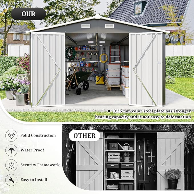 KEIKI 10x 14 FT Metal Storage Shed Outdoor, Large Garden Shed with Roof & Lockable Doors, Utility Tool Sheds Frame & 4 Vents for Patio Backyard Bicycles Storage House, All Weather Use, Dark Grey