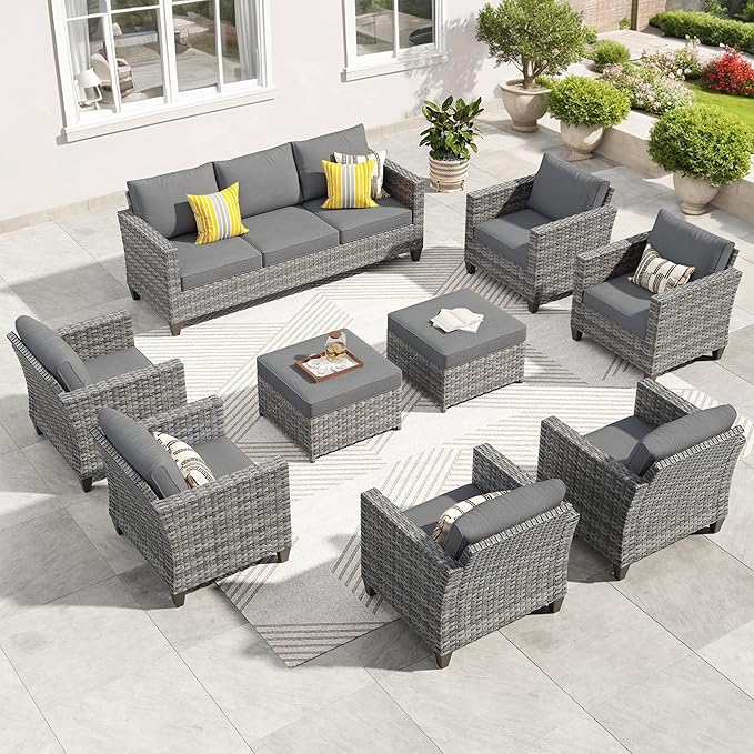 ovios Patio Furniture Set, 9 Pieces Outdoor Wicker Sofa Couch with 6 Chairs, Ottomans and Comfy Cushions, All Weather High Back Rattan Conversation Set, Dark Grey