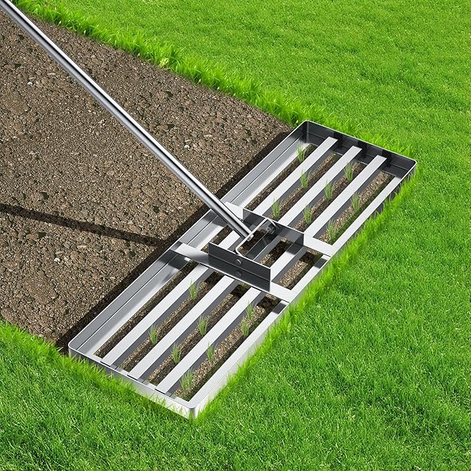 Lawn Leveling Rake 30 inch x 10 inch, Lawn Leveler Tool with 6.5ft Handle Rakes, 304Stainless Steel Yard Leveling Rake, Heavy Duty Soil Leveling Rakes for Backyard, Garden, Farm, Pasture