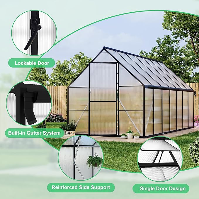 8'x14' Aluminum-Framed Polycarbonate Greenhouse, Heavy Duty Polycarbonate Greenhouse With Quick Setup Structure and Roof Vent, Large Enhanced Aluminum GreenhouseKit for Outdoors