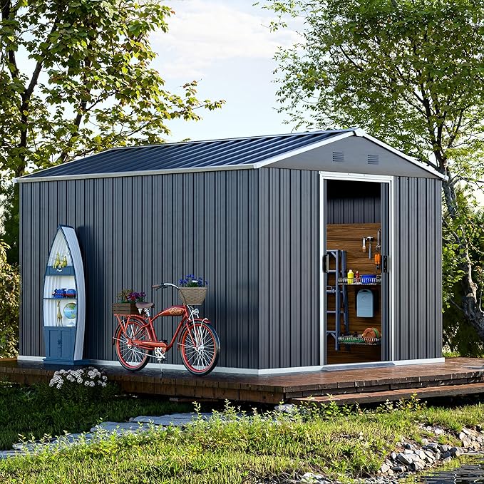 Metal Shed 8x10x6 FT - Steel Tool Storage with Sliding Door and Air Vents - Outdoor Bike Sheds for Garden, Backyard, Patio - Utility Storage Solution