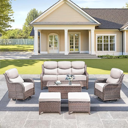 Luxury High Back Outdoor Furniture with 6-Inch Thick Cushions, Patio Furniture Set with Swivel Chairs, 6 PCS Wicker Conversation Set for Porch, Balcony, Deck and Yard