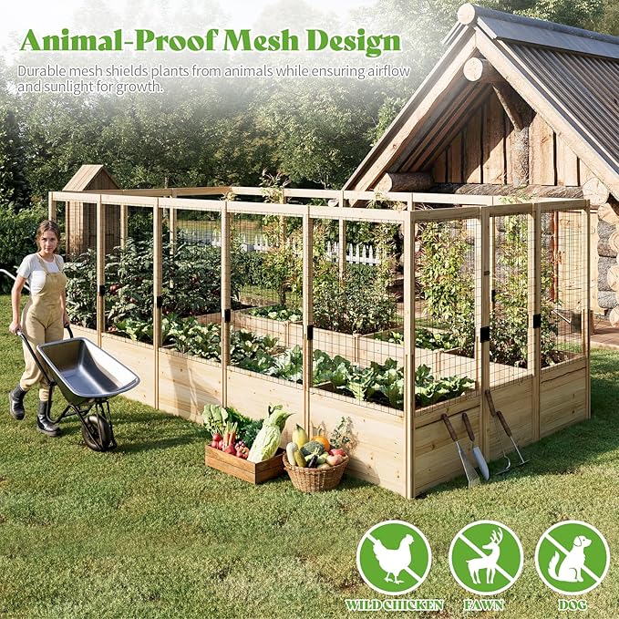 PaPaJet Wooden Raised Garden Bed for Outdoor, Eleven Grid Deep Large Planter Box with Netting for Gardening, Vegetables, Flowers, Herbs（7.5× 14.8× 5.9FT）