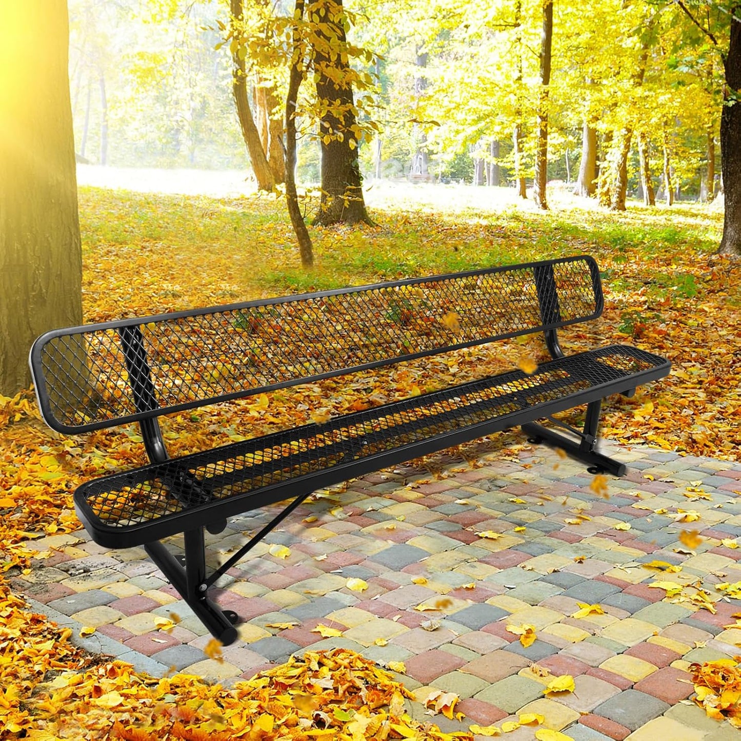 8FT Heavy Duty Park Bench with Back Portable Frame, Outdoor Metal Park Bench with Backrest, Steel Mesh Outdoor Bench for Garden, Lawn, Patio, Porch, Park, Yard (Black, 94.1" D x 23.2" W x 32.5" H)