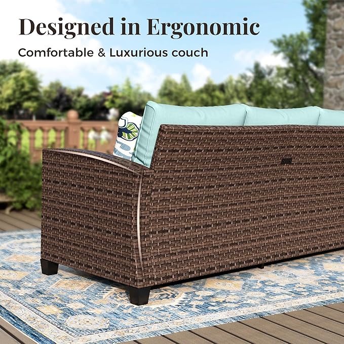 Patio Furniture Set, 6 Pcs Wicker Rattan Outdoor Conversation Set, 2 x Leg Chairs, 1 x 3 Seater Sofa and 2 x Ottoman with 4" Thick Cushion and 32" Fire Pit Table, Blue