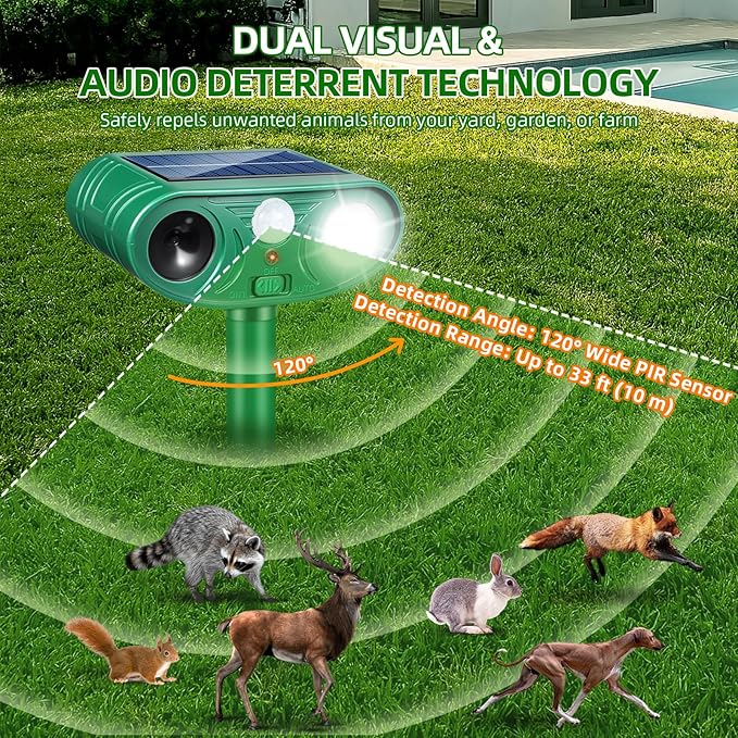 4 Pack Solar Ultrasonic Animal Repellent Outdoor Cat Rabbit Squirrel Dog Deer Repellent Devices Coyote Skunk Raccoon Fox Deterrents Light Animal Repeller with Motion Sensor for Yard Garden