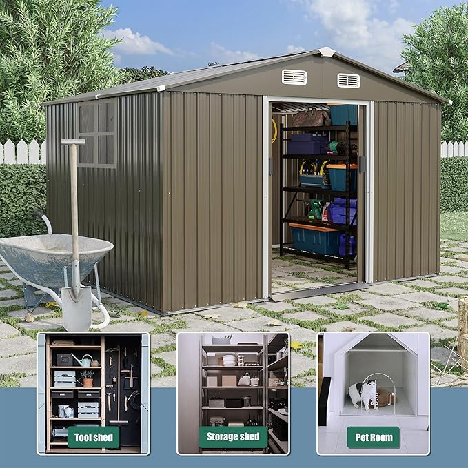 10FT x 8FT Outdoor Storage Shed, Waterproof, Lockable Door Metal Tool Shed with Sliding Door and Air Vents, Storage House for Gardening Tools, Metal Storage Shed for Garden, Backyard, Lawn