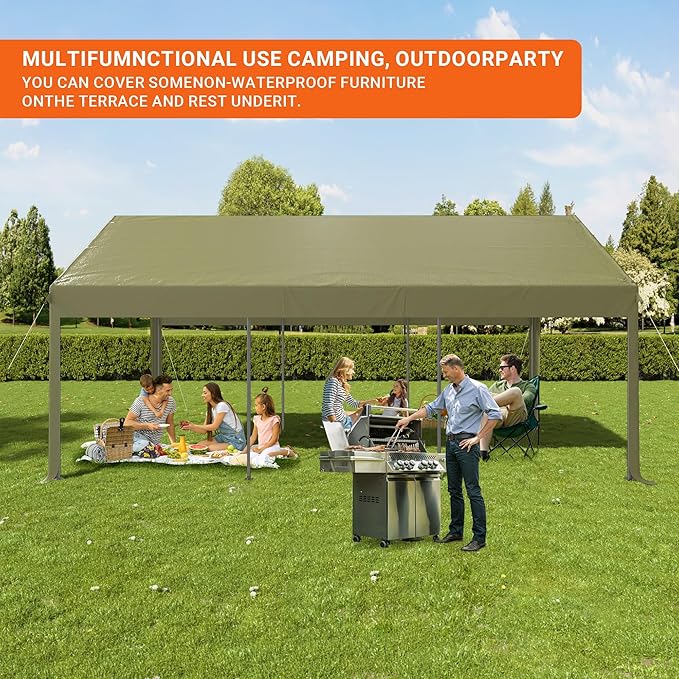 12x20 FT Carport, Heavy Duty Carport, Portable Garage with Side-Opening Door & Roll-Up Windows, Car Canopy Reinforced Four-Hole Base for Car, Truck, Boat, Motorcycle, Green