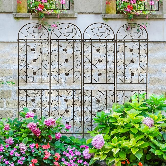 4 Pack Metal Garden Trellis 86.7" Tall Outdoor Climbing Plant Support for Roses, Flowers, Rustproof Durable Black Galvanized Tube, Lawn Garden Fence Decor Screen (4, Retro-86.7" H)