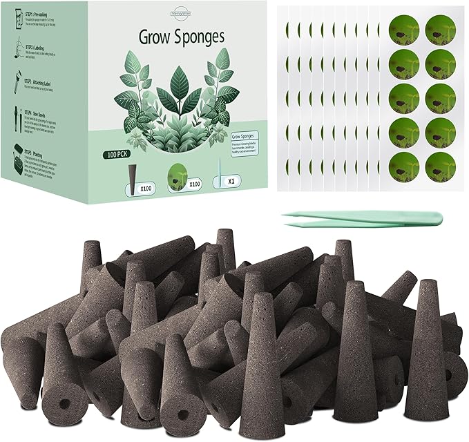 100 Pack Hydroponics Grow Sponges - Replacement Root Growth Sponge Seed Pods for Hydroponic Garden Indoor Growing System, Seed Starter Sponges Pod Kit with 100 Labels and 1 Tweezers