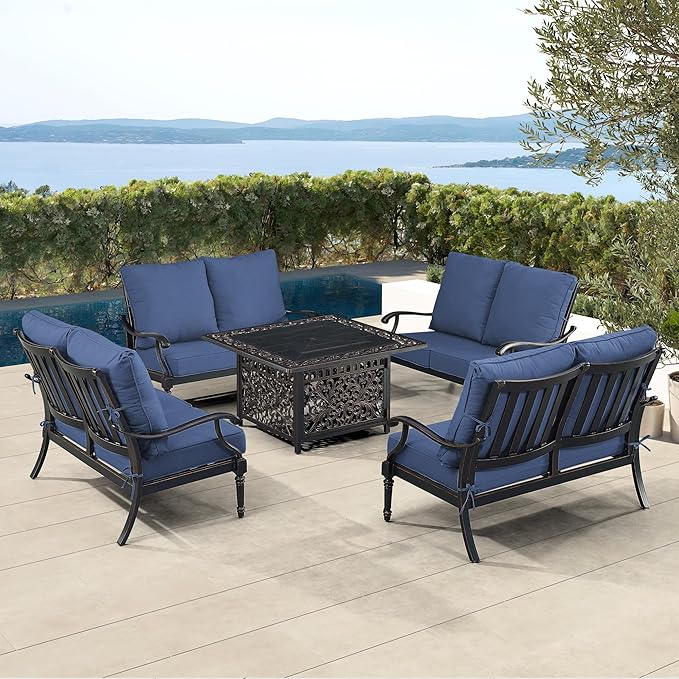 Oakland Living Black Aluminum Patio Fire Table Set with Four Deep Seating Loveseat with Cushions with Blue Cushions