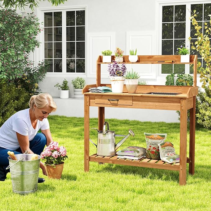 HAPPYGRILL Potting Bench Table, Wooden Work Bench with Removable Sink, Wood Garden Table with Storage Shelves, Drawer, Potting Benches for Outside, Patio Lawn Greenhouse