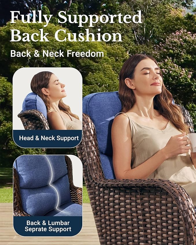 HILLGA Luxury Patio Furniture Set with 6-inch Thick Cushion, Outdoor Sectional Sofa and High Back Swivel Rocker Patio Chairs, 10PCS Wicker Conversation Set for Deck Yard and Poolside, Blue (V2)