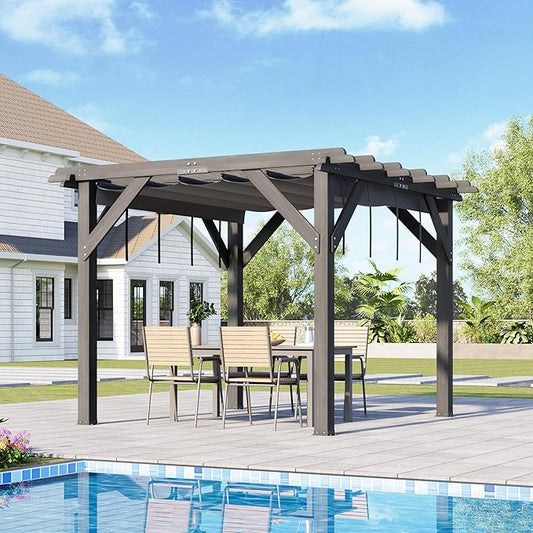 10x10 Ft Outdoor Wood Pergola with Retractable Roof & Mounting Kit Wooden Gazebo, Premium Support Structure, Wind and Snow Supported, Modern Outdoor Pergola for Porch, Grapevine and Deck