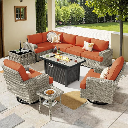 HOOOWOOO Outdoor Sectional Patio Furniture Set with Fire Pit Table,10 Pieces Wicker Conversation Sets L Shaped Couch,Extra Deep Out Door Sofa Outside Furniture with Swivel Chairs,Brick Red