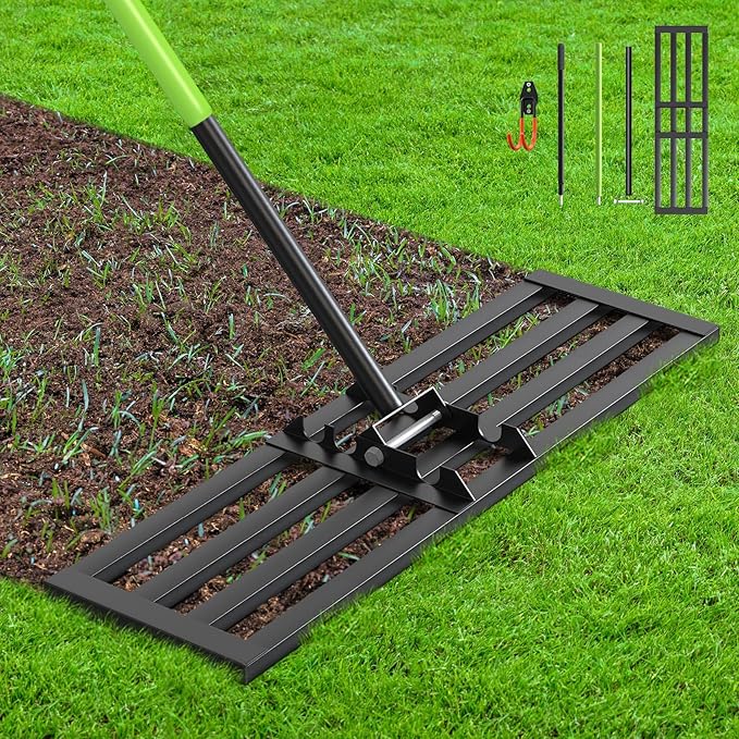 Seeutek Lawn Leveling Rake, 35” x 10” Lawn Leveler with 6.5FT Stainless Steel Handle Rakes for Lawns, 0-180° Adjustable Ground Leveler Tool for Yard, Level Soil Sand Dirt Surfaces