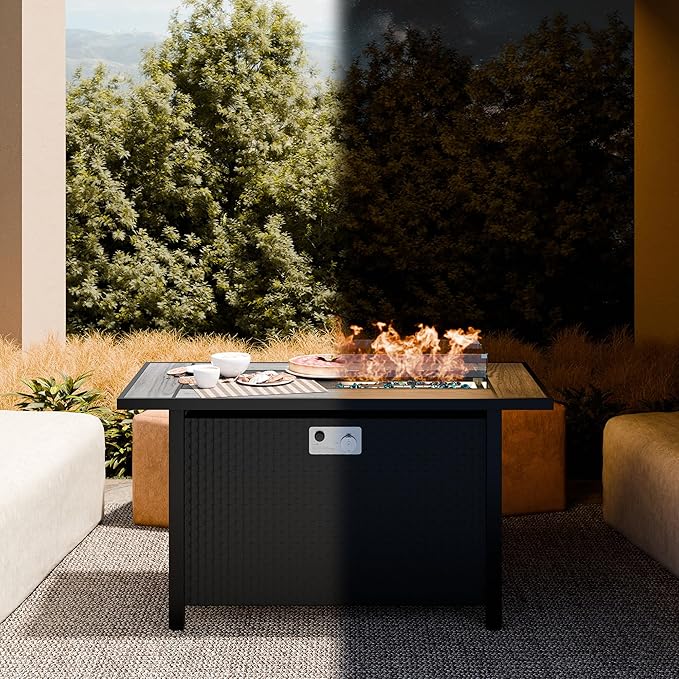 JAMFLY Propane Fire Pit Table 45 Inch, 50,000 BTU Outdoor Gas Firepit Table for Outside Patio with Glass Wind Guard, Blue Glass Rocks,Waterproof Cover, Gray