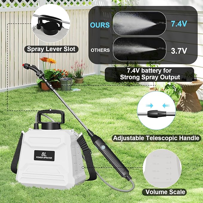 Battery Powered Sprayer 2 Gallon, 7.4V Powerful Electric Sprayer with 4 Nozzles, Rechargeable Handle with 36.22'' Retractable Wand, Adjustable Shoulder Strap, Weed Sprayers in Lawn Garden Yard (Beige)