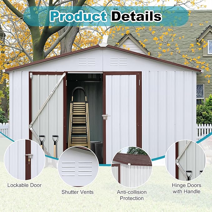 10x12 FT Outdoor Storage Shed, Metal Tool Shed with Lockable Doors & Peaked Roof, Garden Shed with Vented Design for Backyard Garden Patio Lawn, White+Coffee
