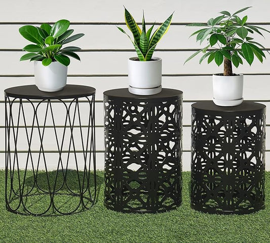 HFHOME Set of 3 Metal Outdoor Side Table, Nesting Round Coffee Table for Indoor Outdoor, Heavy Duty End Tables Plant Stand Living Room Garden Stool - Black
