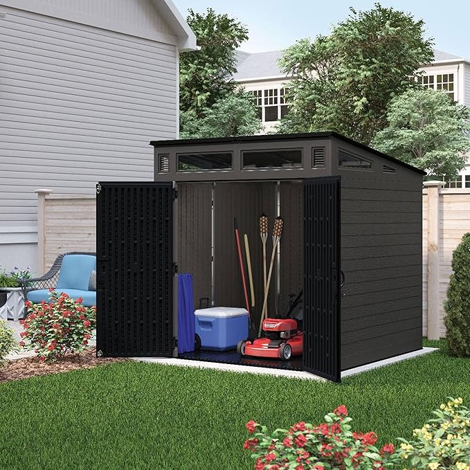 Suncast Modern Outdoor Storage Shed, 200 cu. ft. Peppercorn Resin Plastic Shed for Lawn Mower, Bikes, Utility Tools, Patio, & Yard. Weatherproof & Lockable Modern Sheds & Outdoor Storage, Made in USA