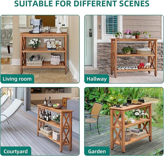 YITAHOME Solid Wood Outdoor Console Table, 39'' Acacia Wood Outdoor Bar Table with 3-Tier Storage Shelf, X-Frame Design and Adjustable Foot Pads for Garden Patio Balcony and Indoor, Natural