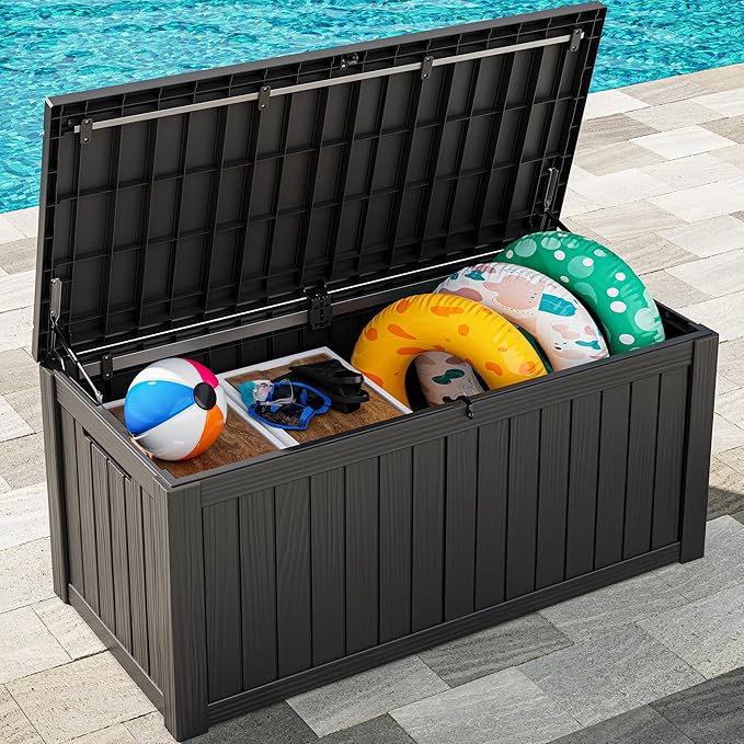 120 Gallon Deck Box,Waterproof Resin Outdoor Storage Box Lockable for Patio Furniture Cushions, Garden Tools, Heavy-Duty Double-Wall Structure with Gas Lift and Reinforced Seat Lid, Black