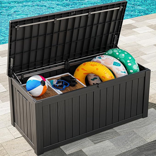 120 Gallon Deck Box,Waterproof Resin Outdoor Storage Box Lockable for Patio Furniture Cushions, Garden Tools, Heavy-Duty Double-Wall Structure with Gas Lift and Reinforced Seat Lid, Black