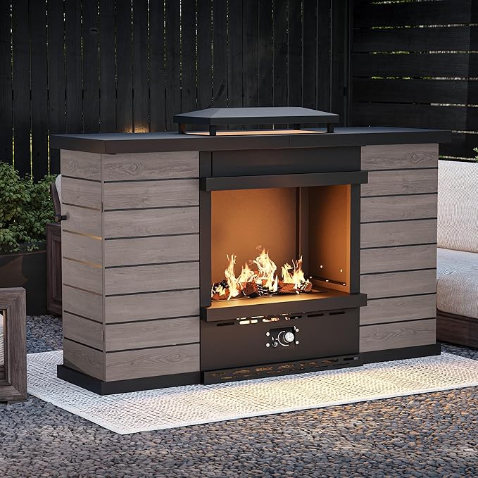 Outdoor Propane Fireplace, 50,000 BTU Gas Fire Pit with Ceramic Logs, Rain Cover, 63 Inch Steel Metal Smokeless Fireplace for Patio, Deck, CSA Certified (63 x 41 Inch)