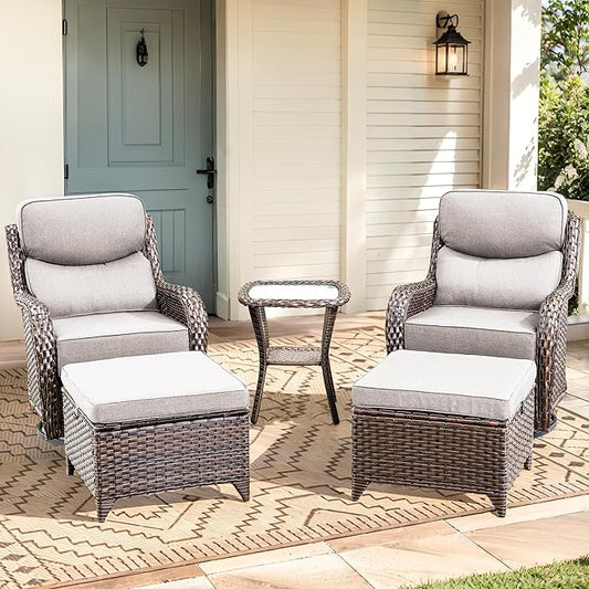 Luxury High Back Outdoor Furniture with 6-Inch Thick Cushions, Patio Furniture Set with Ottomans, 5 PCS Wicker Conversation Set for Porch, Balcony, Deck and Yard