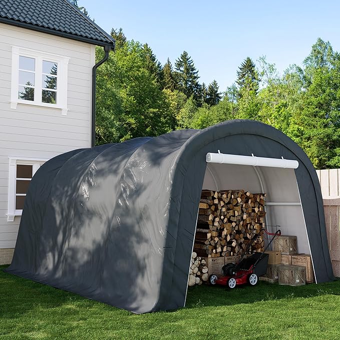 SUNBURY Carport, 10x20 FT Heavy Duty Canopy, Portable Garage with All-Steel Metal Frame & Double Zipper Doors, Round Style Outdoor Storage Shed for Car, Truck, Boat, Patio Furniture, Grey