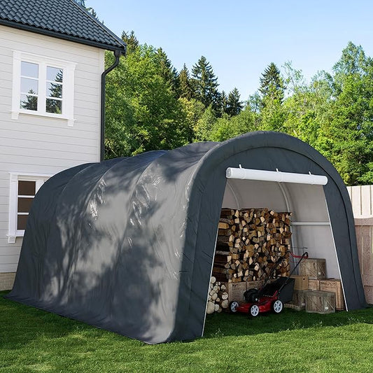 SUNBURY Carport, 10x20 FT Heavy Duty Canopy, Portable Garage with All-Steel Metal Frame & Double Zipper Doors, Round Style Outdoor Storage Shed for Car, Truck, Boat, Patio Furniture, Grey