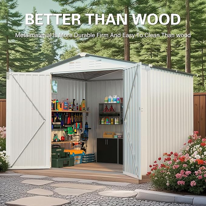 8x6 FT Outdoor Storage Shed with Windows, Metal Sheds & Outdoor Storage with Lockable Door and 4 Vents, Outside Storage Shed Waterproof for Backyard, Patio, White+Gray