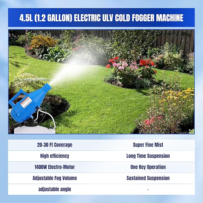 4.5L Electric ULV Fogger Sprayer 1.2 Gallon Portable Cold Mist Machine Spraying 30ft Spray Distance for Home, Yard, School, Garden, Church, Hotel, 2 Pack