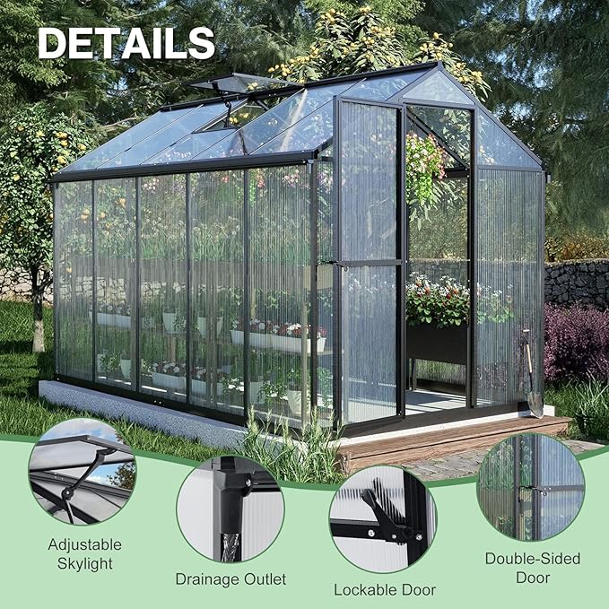 Aoodor 6 x 10 Ft Walk-in Greenhouse with Gutter, Polycarbonate and Heavy-Duty Aluminum Frame, Adjustment Skylight and Lockable 2-Sided Door for Patio, Outdoor, Yard, Lawn Use, Black