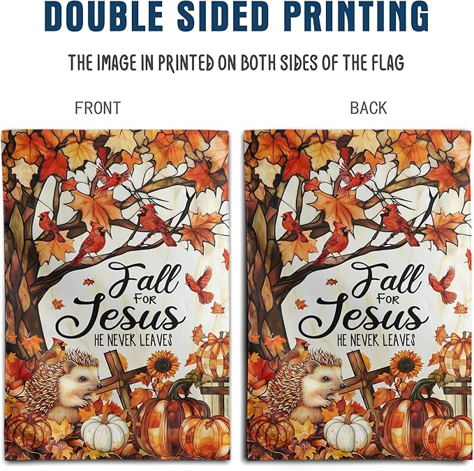 Fall for Jesus Garden Flag He Never Leaves Autumn Pumpkin Banner Stained Glass Cardinal Yard Signs Outside Halloween Thanksgiving Religious Outdoor Decor 12x18 Double Sided Small