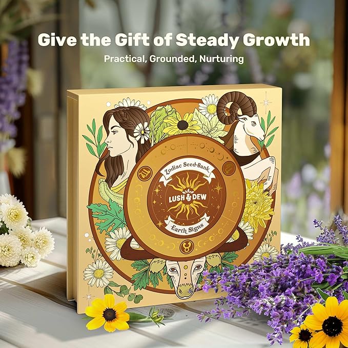 LUSH&DEW Gardening Gift for Women Men, Zodiac Garden Seed Bank, 12 Types Non-GMO Heirloom Vegetable Seeds in Seed Container, Moon Calendar, Witchcraft Magnetic Gift, Earth Signs Taurus Virgo Capricorn