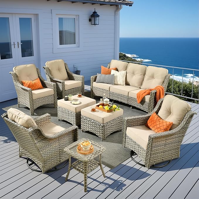 8 Pieces Patio Outdoor Furniture Set with Swivel Rocking Chairs,All Weather Wicker Rattan Patio Seating Sofa and Chair Set w/Ottoman,Outdoor Conversation Sets for Deck Yard Garden,Beige