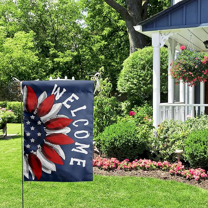 4th of July Sunflower Garden Flag Red White Blue Floral Yard Flags Small Memorial Independence Day Banner 12x18 Double Sided for Outside Outdoor Patriotic Decor