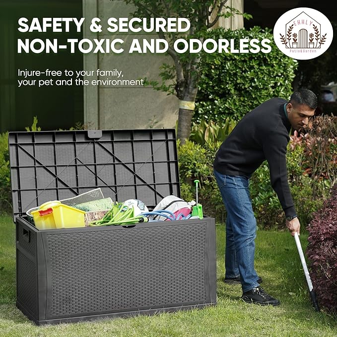 121 Gallon Outdoor Storage Box Large, Lockable Outside Storage Containers Waterproof Patio Cushions Deck Boxes, Rattan Plastic Garden Hose Boxes Resin Pool Storage Bins, Grey