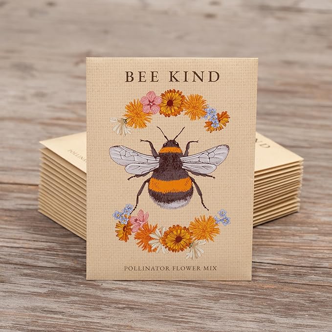 Bentley Seed Co. | Bee Kind Pollinator | Beautiful Bee Art | Environmental Favors Cards for Guests Seed Packets | Pollinator Wildflower Mix Seed Packets | Eco-Friendly Hand Out Gift | 25 Pack