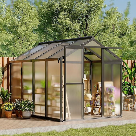 Greenhouse, 6x8 FT Greenhouse for Outdoors, Walk-in Green House with Ground Nails and Vent Windows, Sliding Lockable Door, Polycarbonate Green House for Outside Garden Backyard, Quick Setup, Black