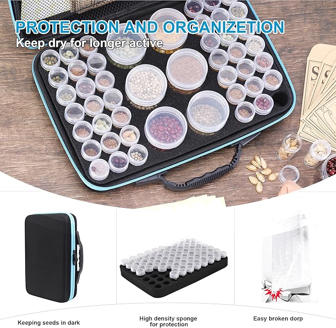 48 Slots Seed Storage Organizer Box, Garden Vegetable Plant Flower Seeds Saving kit with Write Label Funnel Tweezer 2 Sizes Storage Bottles