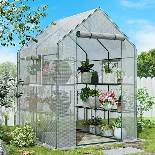 56×56×78Inch Walk-in Greenhouse, Heavy Duty Small Plant House with Thicken PE Cover and Steel Frame, for Garden, Outdoors, Indoors, White