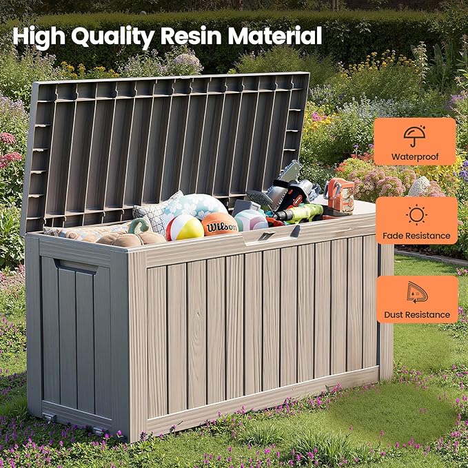 75 Gallon Outdoor Storage Box - Waterproof Resin Deck Box for Patio Cushions & Garden Tools - Lockable Indoor/Outdoor Storage Bin - Stylish Grey Design