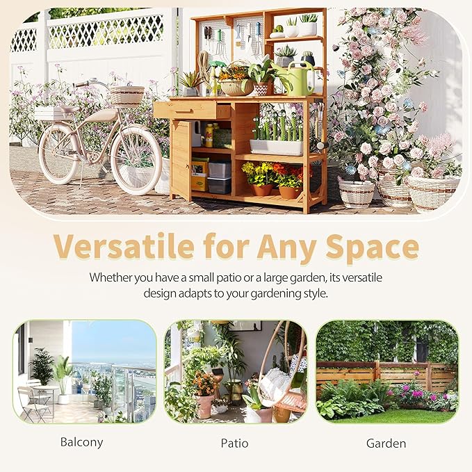 Fir Wood Potting Bench with Hutch - Outdoor Garden Workstation with 4 Shelves, Drawer & Adjustable Storage, 50.2" Countertop, & Pegboard (Natural + Wood + Rustic)