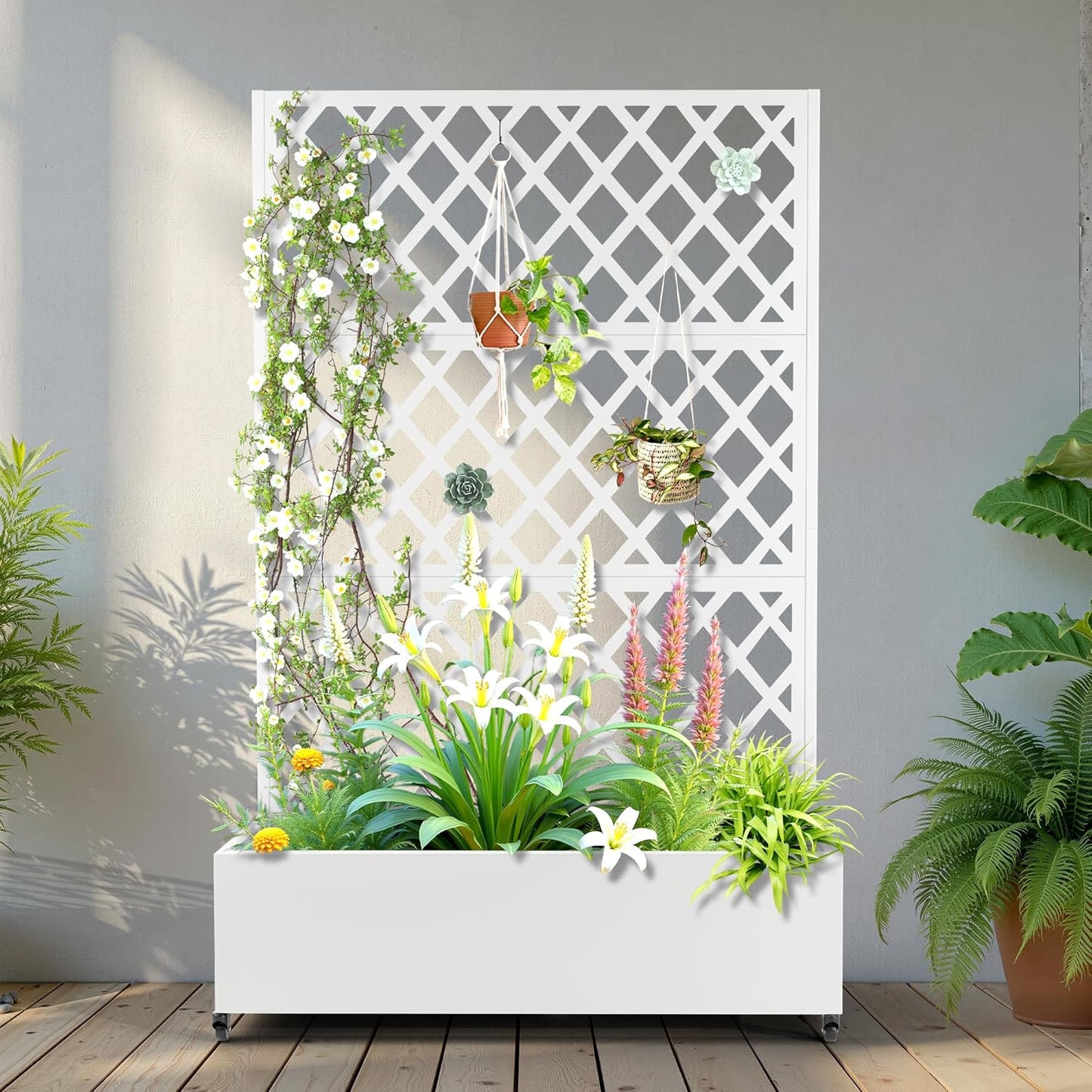Metal Raised Garden Bed with Trellis and Wheels, 2 in 1 Trellis with Planter Box & Privacy Screen for Climbing Plants, Outdoor Standing Flower Beds with Drainage Holes, 47.2''L×15.7''W×70.9''H, White