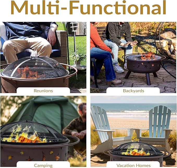 Sunnydaze Cosmic 30-Inch Patio Fire Pit for Outside - Outdoor Wood-Burning Fire Pit with Grill Grate, Spark Screen, and Fireplace Poker