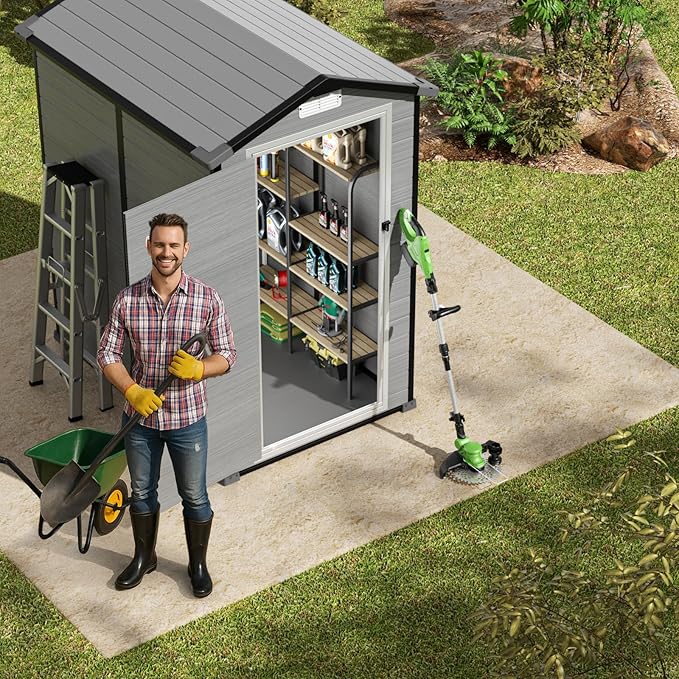 GVDV 4×6 FT Outdoor Resin Plastic Storage Shed with Reinforced Floor, All-Weather Plastic Shed with Lockable Door, Window and Vent, Waterproof Tool Storage for Garden, Backyard, Patio, Tool Storage